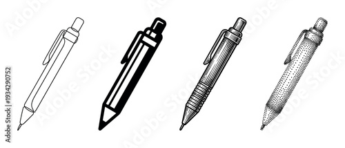 Four distinct mechanical pencil illustrations showcasing various artistic styles, including outline, solid, hatched, and stippled designs.