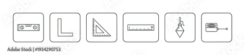 Measuring tools icon set featuring various essential instruments for construction, drafting, and precise measurements.