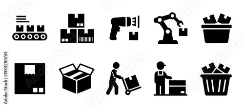 Logistics and delivery icons representing various warehouse operations, including shipping, packaging, and automation processes.