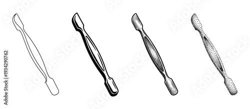 Four distinct styles of professional cuticle pushers are presented as detailed vector illustrations for beauty concepts.