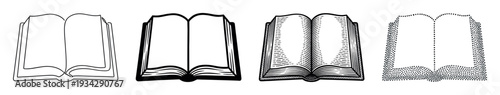 Four different styles of open books illustrated in a black and white vector art collection for education and reading concepts.