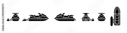 Jet skis and personal watercraft icons collection depicting various angles of modern water sports equipment.