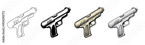 Four different pistol illustrations showcasing various artistic drawing styles and techniques, including line art, solid, engraving, and stipple.