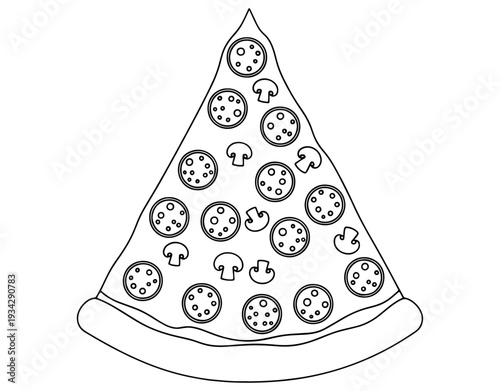 Minimalist line art illustration of a delicious pizza slice with pepperoni and mushroom toppings, concept of Italian fast food, pizzeria menu icon, and tasty snack drawing.