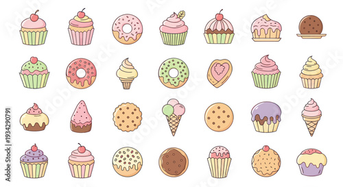 Assorted colorful desserts on white background