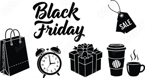 Flat vector art close up black friday shopping icons showing paper bag alarm clock gift box coffee cup sale tag arranged on white background minimal mockup