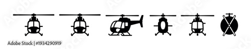 Helicopter icons set in various perspectives showcasing different views of the flying vehicle for transportation and aviation concepts.