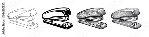 Stapler illustrations in four distinct artistic styles, showcasing different rendering techniques for office equipment.