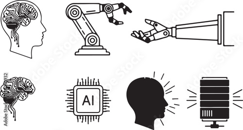 "Artificial intelligence robotics vector illustration showing icons of brain, robotic arm, microchip, and voice recognition symbolizing human-machine collaboration and innovation"