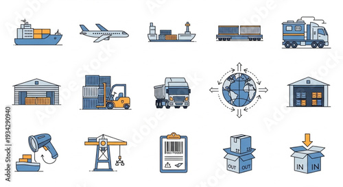 Logistics Transportation Shipping Delivery Icons Set.