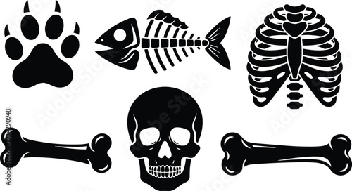 Minimalist black vector icon set skull rib cage bones fish skeleton and paw print arranged in row flat design close up top view simple isolated silhouette