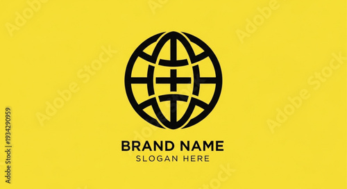 Global Brand Logo Template with Cross Symbol on Yellow Background.