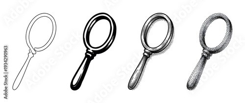 Four different magnifying glass icons showcasing various artistic styles for search and discovery concepts.