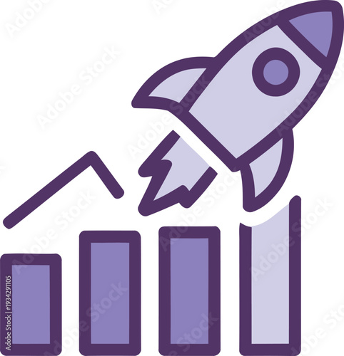 Business Startup Success Icon Showing Rocket Launching Over Rising Bar Chart Representing Rapid Growth and Financial Progress