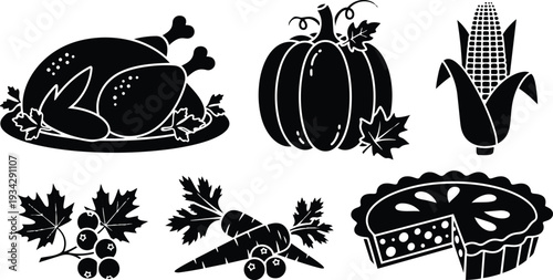 Colorful vector art top view thanksgiving harvest icons roasted turkey pumpkin corn pie carrots cranberries maple leaves festive flat design svg png mockup autumn warm illustration