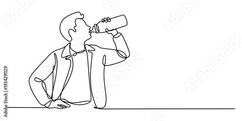 Minimalist one line drawing of man drinking water from bottle