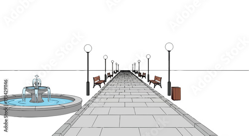 A flat 2D illustration of an empty urban city park pathway with a fountain, benches, and street lamps against a clean white background.