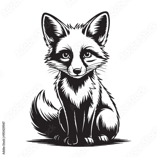 Cute little fox sitting, detailed black and white illustration, forest animal wildlife, vintage engraving style, vector art