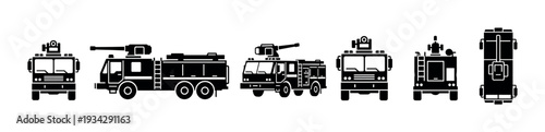 Fire trucks and emergency vehicles represented in a collection of black silhouette icons for safety and rescue services.
