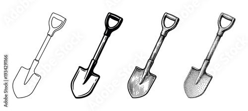 Four different shovel illustrations in various artistic styles, showcasing outline, solid, hatched, and stippled drawing techniques for design elements.