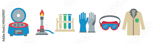 Laboratory equipment and safety gear for scientific experiments, research, and educational purposes in a modern flat design.