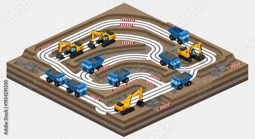 Construction Site with Trucks and Excavators on a Model Track.