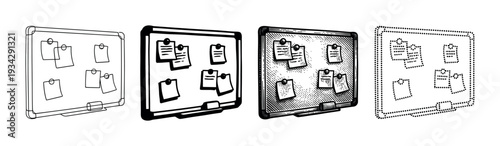 Bulletin board with notes pinned to it, depicted in four distinct black and white illustration styles for diverse design needs.