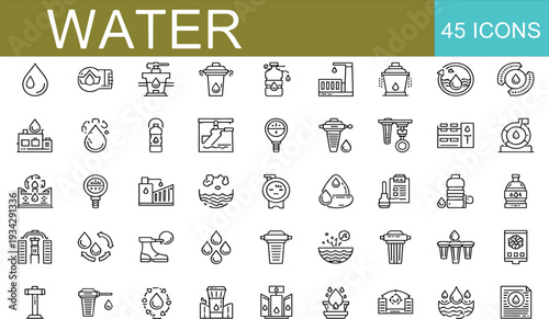 Water supply and filtration line icons set, purification plumbing sanitation vector outline collection isolated on white