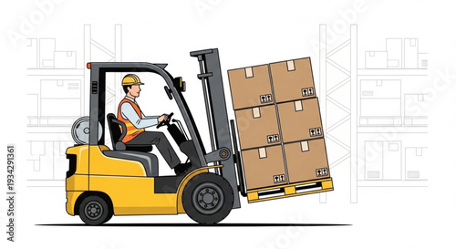 Man Operating Yellow Forklift Truck.