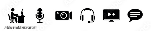 Essential digital communication and content creation icons including a person at computer, microphone, camera, headphones, monitor, and chat bubble.