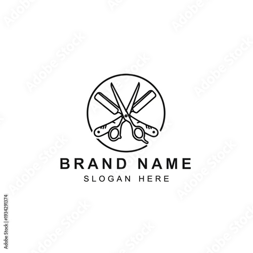 Simple Line Art Logo Template with Scissors and Brand Name Placeholder.