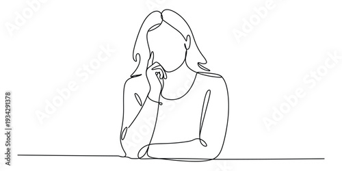 Minimalist one line drawing of a pensive woman thinking at a desk