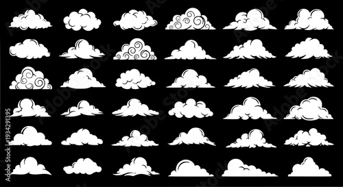 Clouds set with white shapes on black background, various styles featuring weather, sky, forecast with illustration and