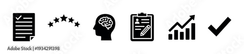 Conceptual business icons representing quality, intelligence, and successful performance metrics for evaluation and achievement.