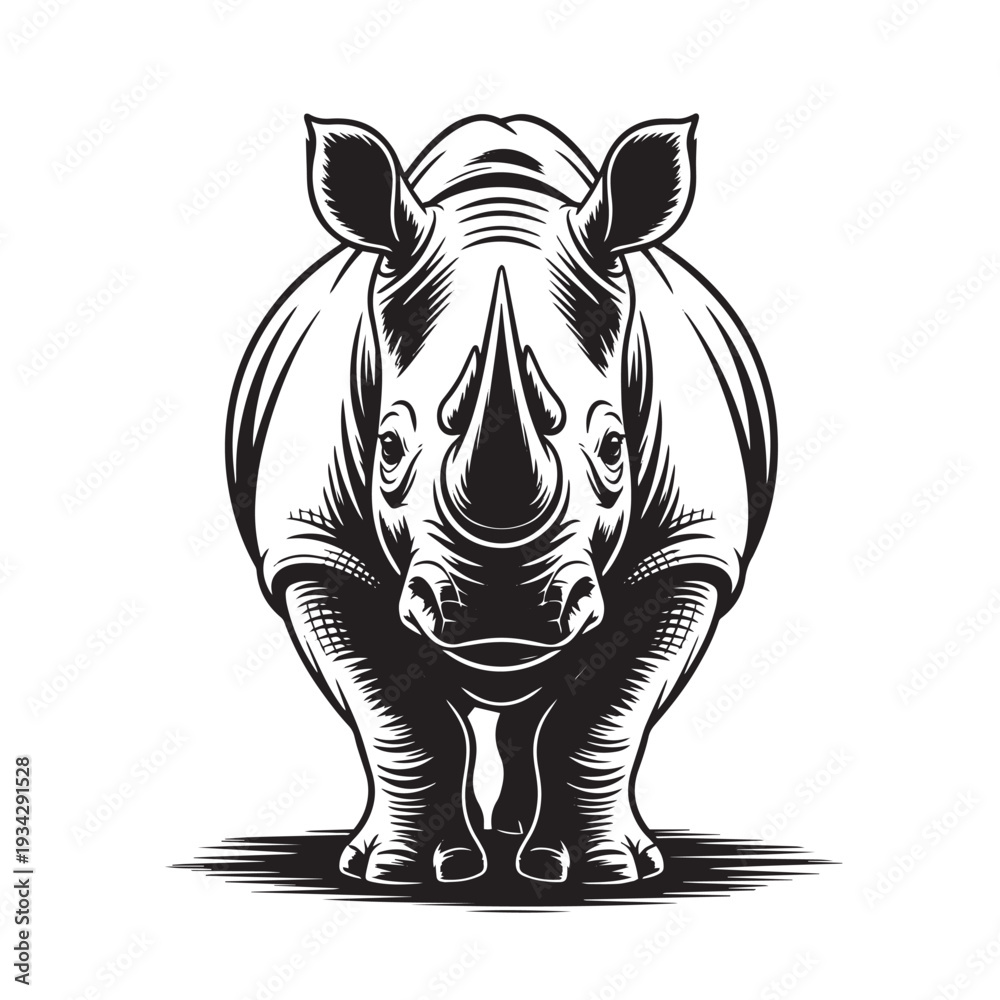 Fototapeta premium Detailed rhinoceros front view illustration, wildlife animal portrait, detailed engraving style graphic, powerful safari mammal vector artwork
