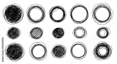 Circles doodle hand drawn set with scribble lines and grunge effects on white background featuring sketch, sketchy,