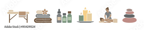 Spa and wellness icons representing relaxation and therapy services, including massage, aromatherapy, and hot stone treatments.