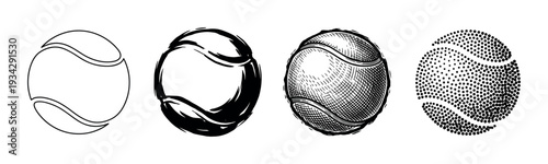 Stylized tennis ball illustrations presented in a set of four distinct graphic art techniques for sports design.