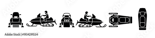 Snowmobile and rider silhouette icons collection depicting various views of the winter recreational vehicle.
