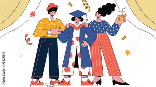 Graduate Celebrating with Friends on Stage – Festive Academic Success Flat Vector Illustration