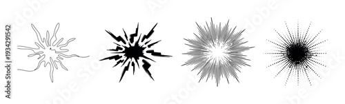 Abstract graphic burst explosion elements set features diverse styles for dynamic design projects and visual impact.