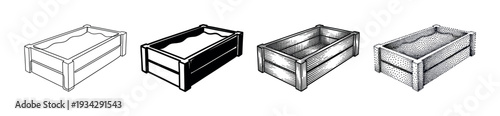 Set of wooden crates in various artistic styles showcasing different rendering techniques for packaging and storage containers.