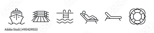 Travel and vacation icons set representing various leisure activities and elements for a relaxing holiday experience.
