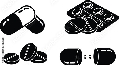Flat vector pill icons close up top and side views showing capsules and tablets arranged in grid, black silhouettes on white background with packaging detail, clean mockup