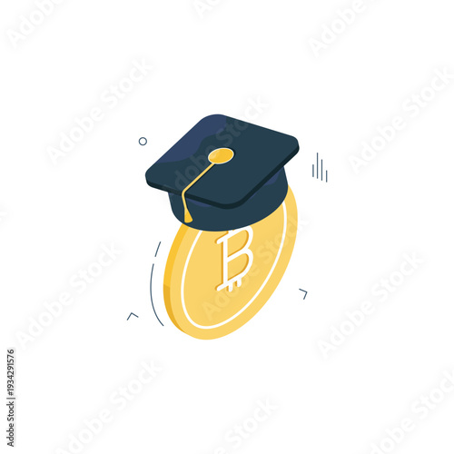 Graduation Cap Placed on Golden Bitcoin Coin.