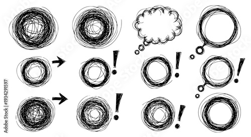 Circles sketchy set with exclamation marks and arrows drawn featuring scribbles, black, rough with grunge and texture
