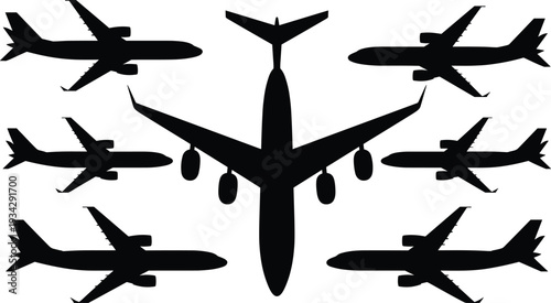 Airplane silhouettes illustration set, aviation vector artwork, aircraft design graphics, flight icons collection, commercial jet transport symbol