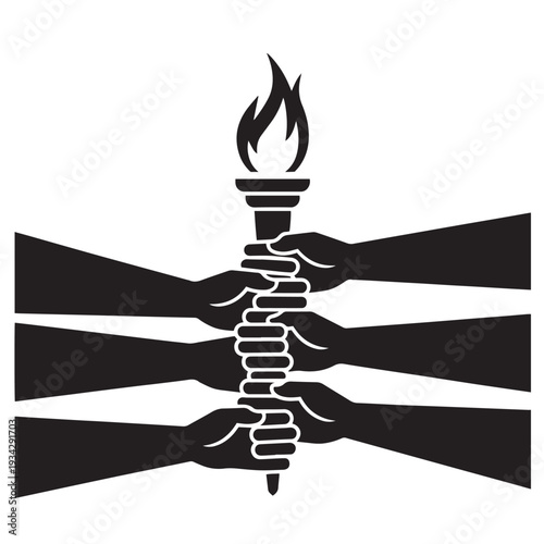 Diverse hands holding burning torch symbol of unity progress and freedom on transparent background vector illustration