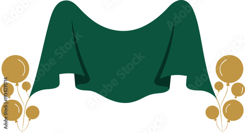 Green Stage Curtain with Golden Balloons – Elegant Festive Celebration Frame Vector Illustration
