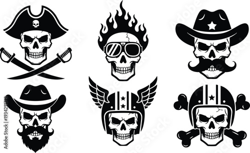Retro tattoo style close up front facing skull icons set featuring pirate skull with crossed sabers, flaming goggle skull, mustached cowboy skull, winged helmet skull, biker helmet skull